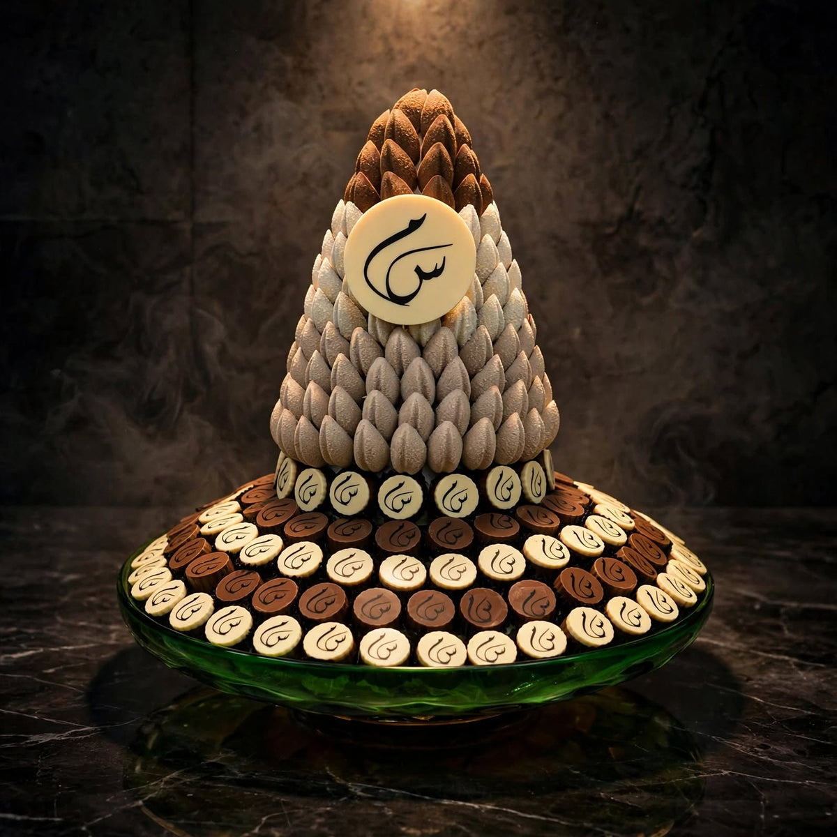 صحن زجاج كبير شوكولاتة مطبوعة مع برج الكاكاو | Large Glass Plate – Printed Chocolate with Cocoa Tower