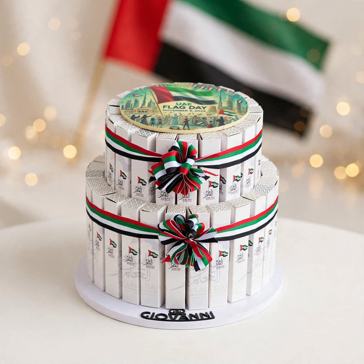 هرم بوكسات توزيعات فاين فير بألوان العلم – 45 قطعة | UAE Flag Fine Fare Favor Box Pyramid – 45 Pieces