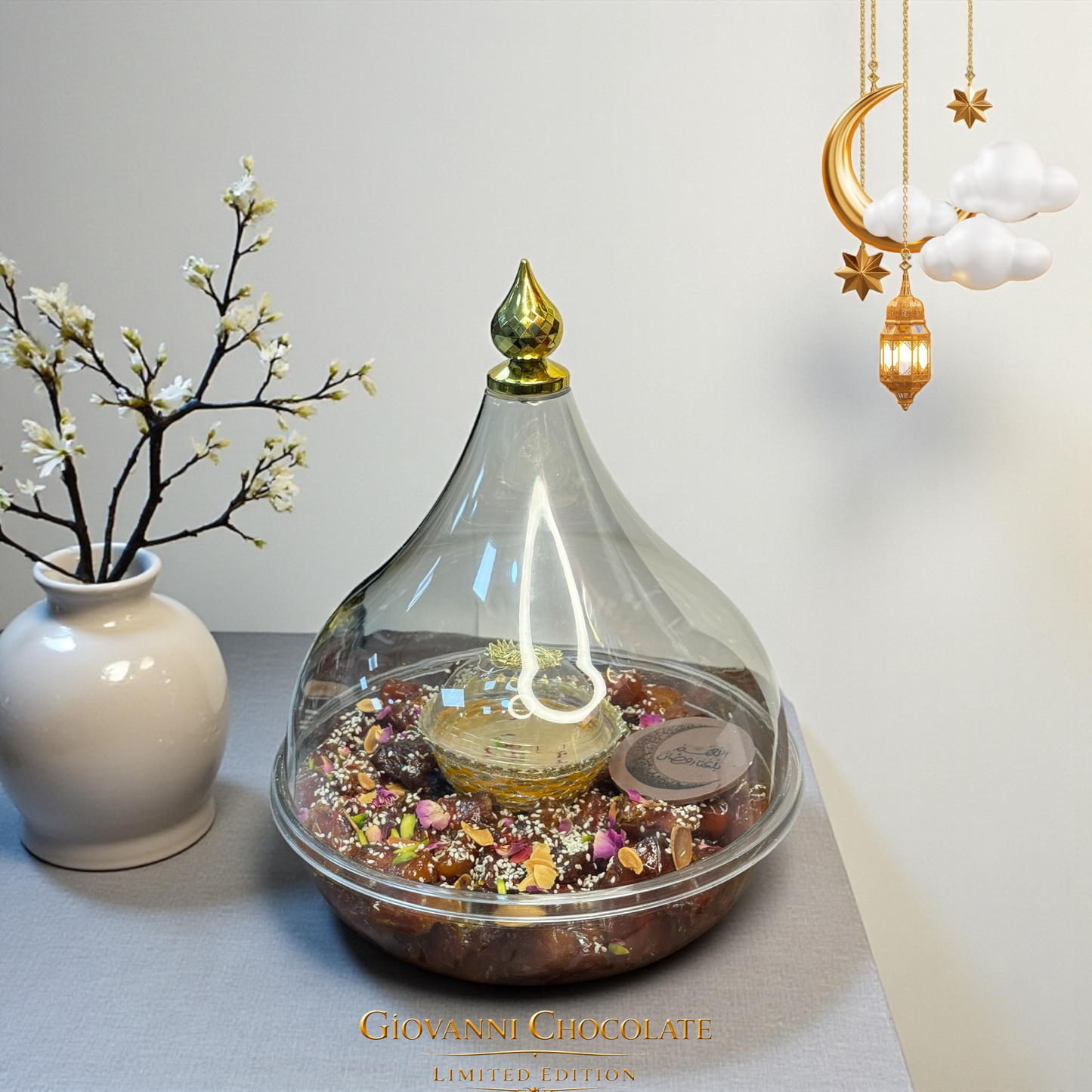 Luxury Heritage Acrylic Lantern Tray with Royal Khalas Dates & Nuts & Saffron 2.2 kgصحن فانوس أكريليك تراثي فاخر مع تمر خلاص ملكي بالمكسرات والزعفران