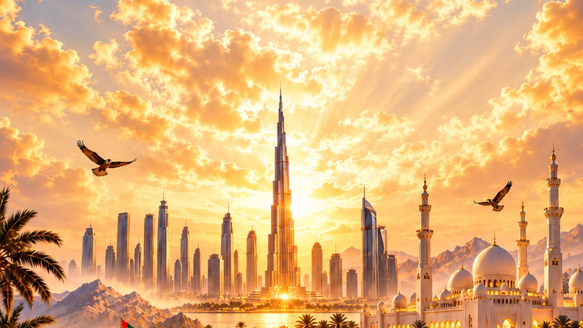The UAE skyline with Burj Khalifa and Sheikh Zayed Grand Mosque — illustration