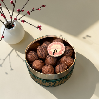 Premium Round Truffle Box – Lotus, French Biscuit &amp; Pistachio بوكس ترافل لوتس وبسكويت وفستق ميني بريميوم