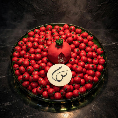 صحن زجاج كبير شوكولاتة الرمان مع رمانة كبيرة | Large Glass Plate – Pomegranate Chocolate with Large Pomegranate