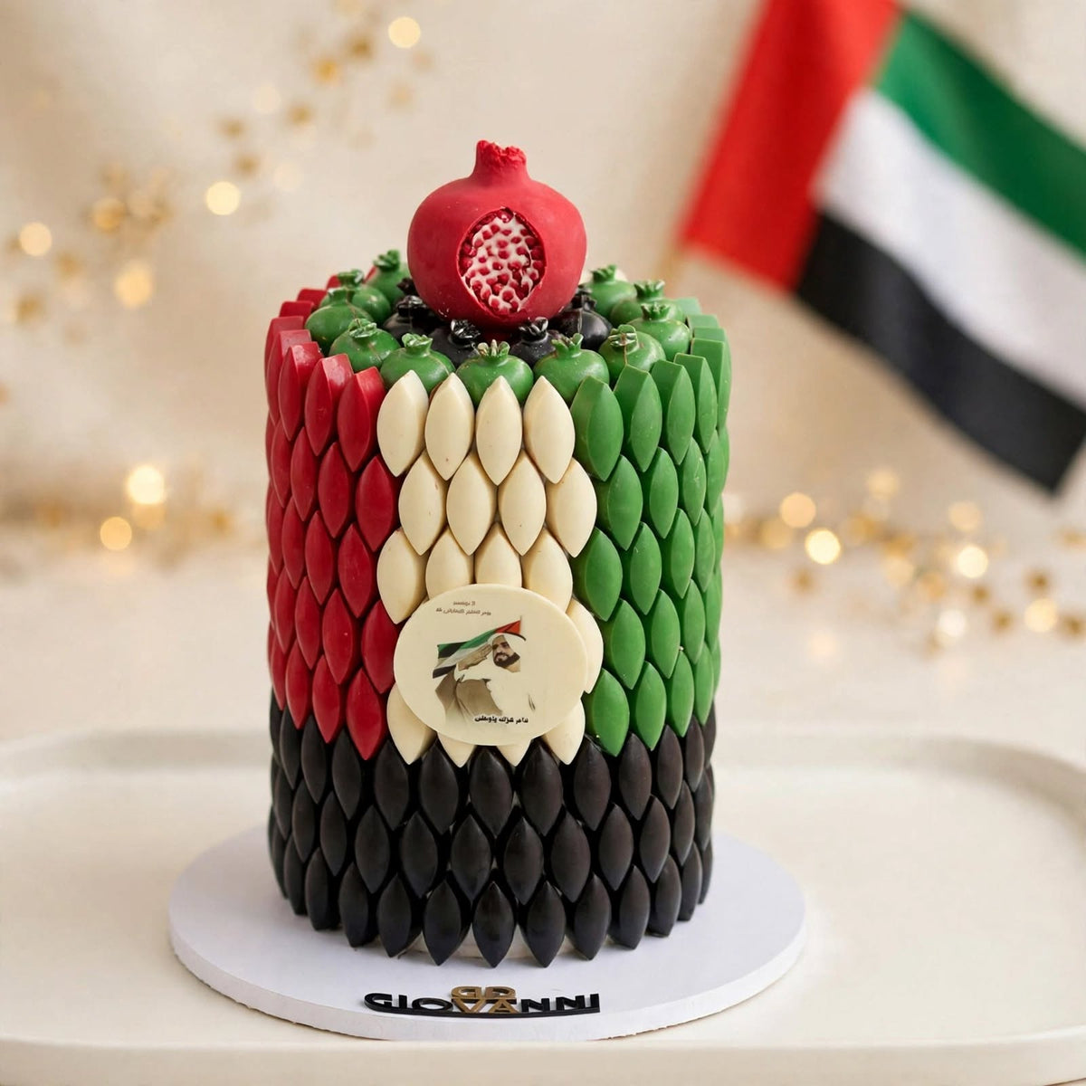 هرم برج بيزا مع حبة الرمان بألوان العلم | UAE Flag Pisa Tower Pyramid with Pomegranate Chocolate