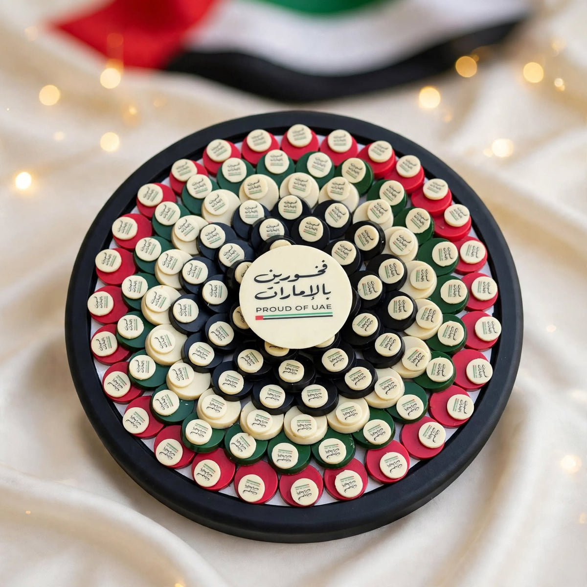ستاند دائري شوكولاتة بطباعة العلم | Round Stand – Printed Flag Chocolate