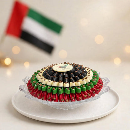 صحن كريستال شوكولاتة كوفي بألوان العلم | UAE Flag Coffee Chocolate Crystal Platter
