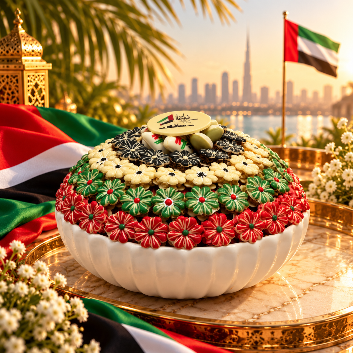 UAE Flag Day Porcelain Plate with Rose Chocolates – 900g