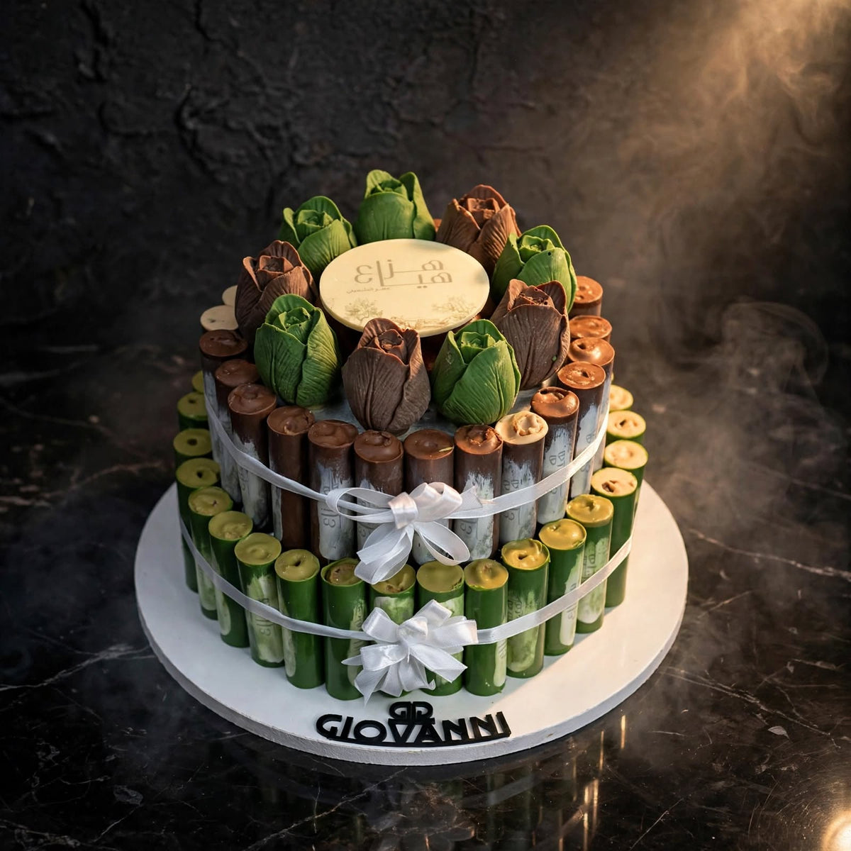 هرم سيجار شوكولاتة مطبوعة مع ورد | Printed Chocolate Cigar Pyramid with Roses