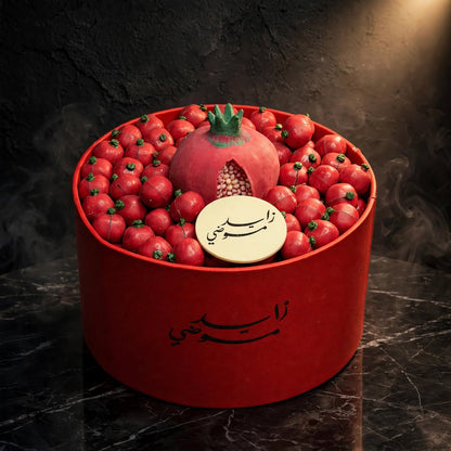 بوكس ليزر دائري أحمر مع شوكولاتة الرمان ورمانة كبيرة | Red Round Laser-Cut Box – Pomegranate Chocolate with Large Pomegranate