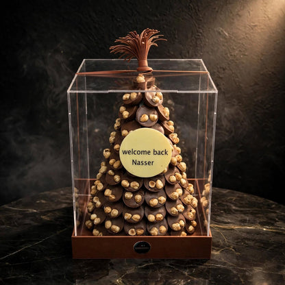بوكس أكريليك VIB الفاخر بأهرامات الشوكولاتة الدائرية بالبندق | Luxury VIB Acrylic Box with Hazelnut Round Pyramids