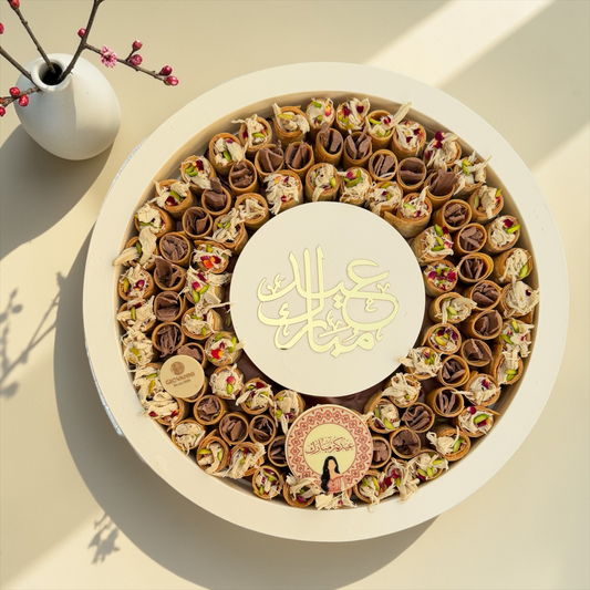 Luxury Round Acrylic Platter – Giovanni New Spring Roll Rahash Flake &amp; Chocolate Flake صحن اكريليك دائري فاخر مع جديد جيوفاني سبرنج رول رهش فليك وشوكليت فليك