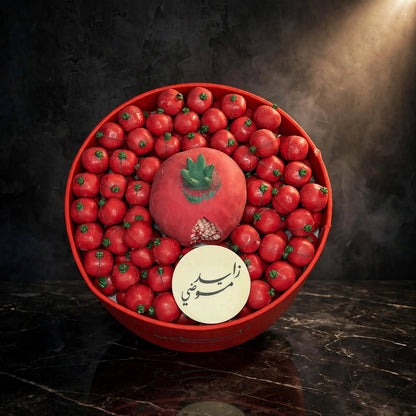 بوكس ليزر دائري أحمر مع شوكولاتة الرمان ورمانة كبيرة | Red Round Laser-Cut Box – Pomegranate Chocolate with Large Pomegranate
