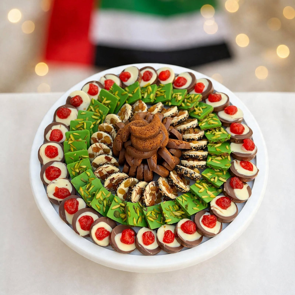 ستاند ضيافة فاخر بالشوكولاتة والبيتيفور والسمسم والبندق والمكسرات المشكلة | Luxury Assorted Chocolate, Petit Four, Sesame & Hazelnut Stand