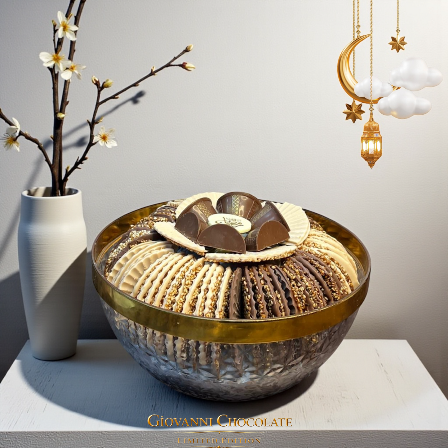 Acrylic Platter with Lid & Best-Seller Sesame Chocolate Fan  صحن أكريليك بغطاء مع مروحة شوكليت السمسم البست سيلر — 1 كجم