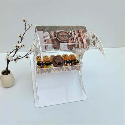 Two-Tier Acrylic Stand with Wooden Ramadan Crescent – Dates & Chocolate Display استاند طابقين أكريليك مع خشب هلال رمضان – تمر وشوكليت