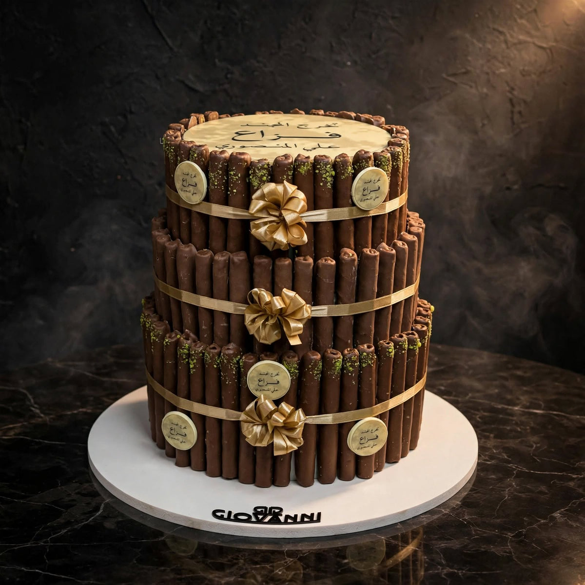 هرم فاين فير ثلاثة طوابق مع قطعة شوكولاتة كبيرة مطبوعة | Three-Tier Fine Fair Pyramid with Large Printed Chocolate
