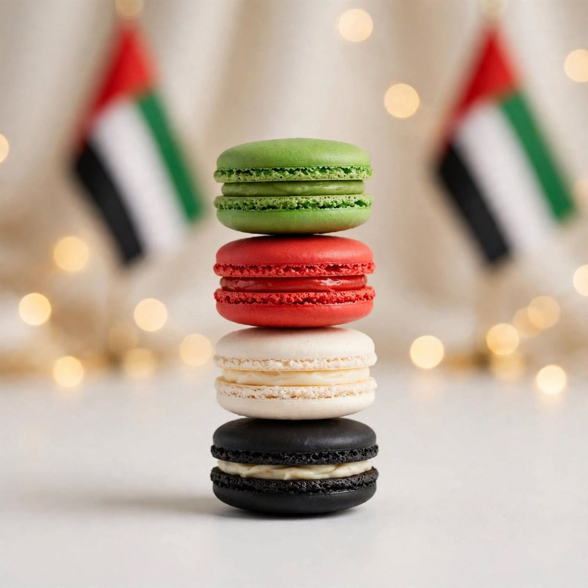بوكس أكريليك فاخر بماكرون ألوان علم الإمارات – 4 قطع | UAE Flag Luxury Acrylic Macaron Box – 4 Pieces