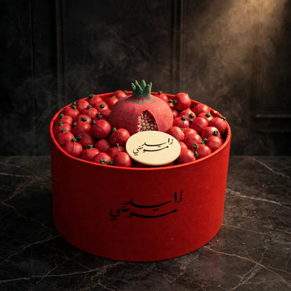 بوكس ليزر دائري أحمر مع شوكولاتة الرمان ورمانة كبيرة | Red Round Laser-Cut Box – Pomegranate Chocolate with Large Pomegranate