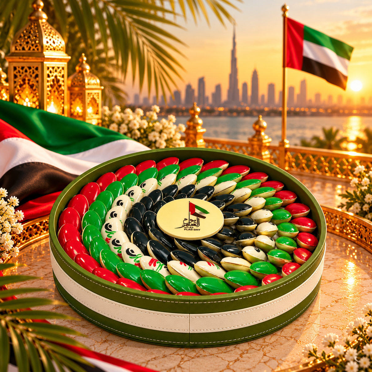 UAE Flag Day Leather Chocolate Box with Clear Acrylic Lid – 1.2kg