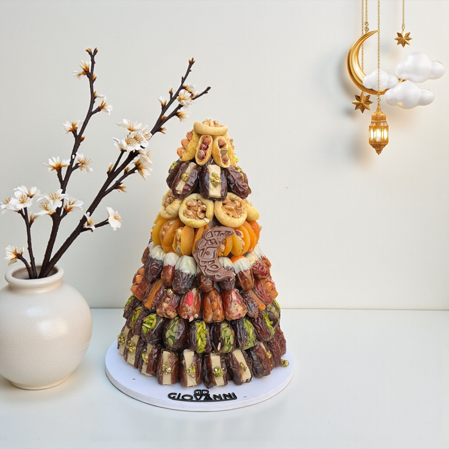 Luxury Dried Fruits Pyramid – Figs, Apricots & Prunes  هرم تين ومشمش وقراصية فاخر
