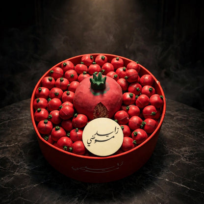 بوكس ليزر دائري أحمر مع شوكولاتة الرمان ورمانة كبيرة | Red Round Laser-Cut Box – Pomegranate Chocolate with Large Pomegranate