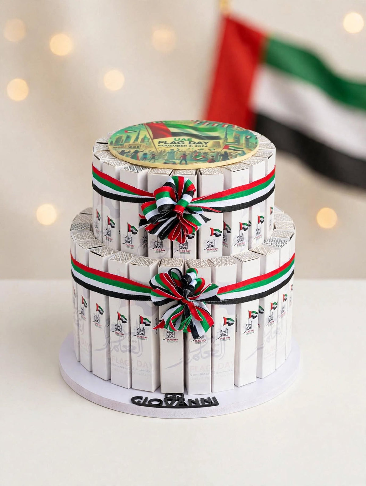 هرم بوكسات توزيعات فاين فير بألوان العلم – 45 قطعة | UAE Flag Fine Fare Favor Box Pyramid – 45 Pieces