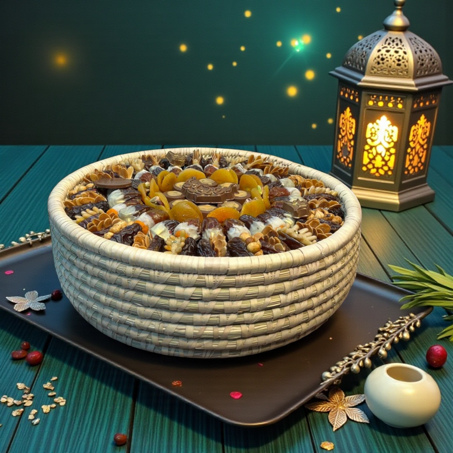 Al Maha Palm Frond  Luxury Stuffed Dates Masterpiece 1   خوص المها  تحفة التمور الفاخرة 1