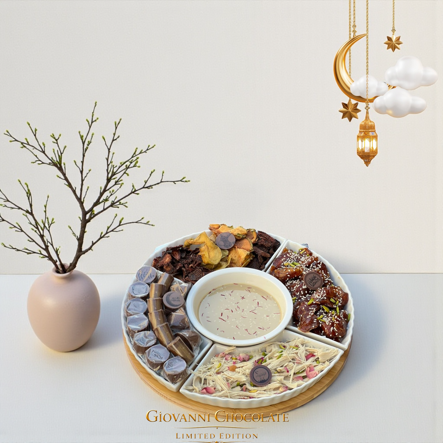 Luxury Porcelain Platter with Crunchy Chocolate Mix, Royal Khalas Dates, Figs & Apricotsصحن بُورسلين فاخر ميكس شوكليت رهش مع خلاص ملكي وتين ومشمش