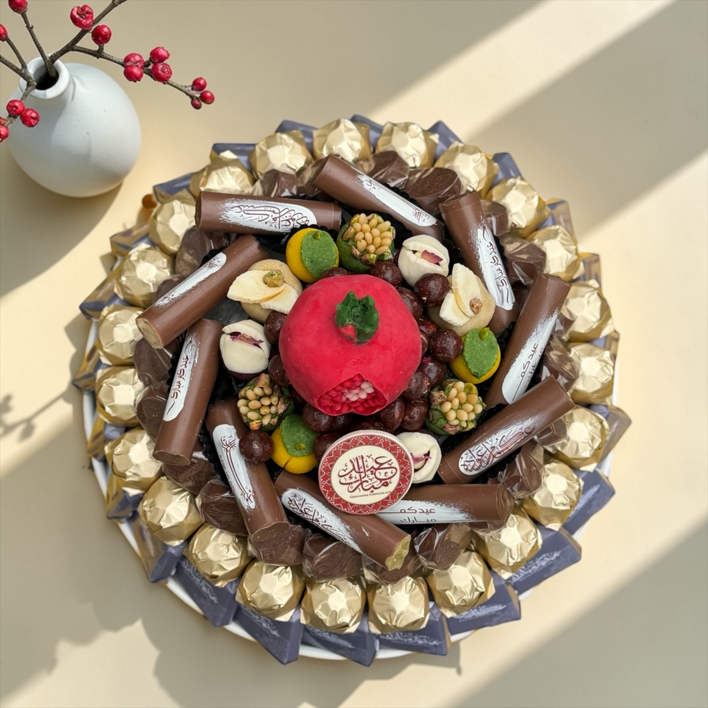 Porcelain Tray with Special Eid Wrapped Chocolates &amp; Signature Chocolates صحن بورسلين مع شوكليت مغلف اسبيشال للعيد مع شوكليت سجنتشر