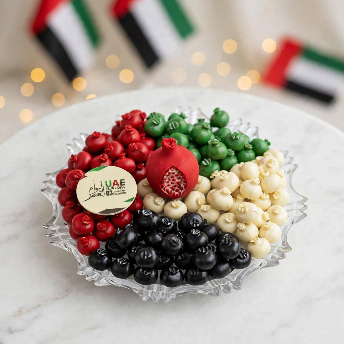 صحن كريستال مع شوكولاتة الرمان بألوان العلم | UAE Flag Pomegranate Chocolate Crystal Platter