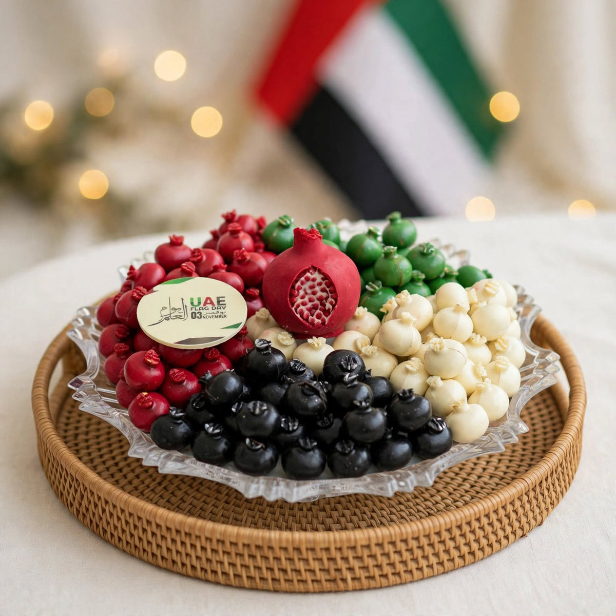 صحن كريستال مع شوكولاتة الرمان بألوان العلم | UAE Flag Pomegranate Chocolate Crystal Platter