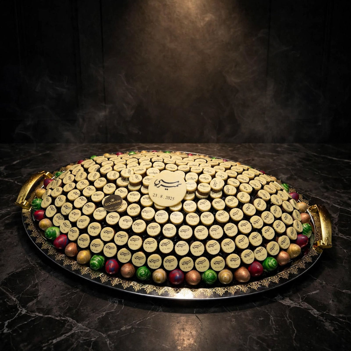 صواني VIP ستانلس ستيل مع شوكولاتة مطبوعة وبيضة شوكولاتة | VIP Stainless Steel Trays – Printed Chocolate & Chocolate Egg