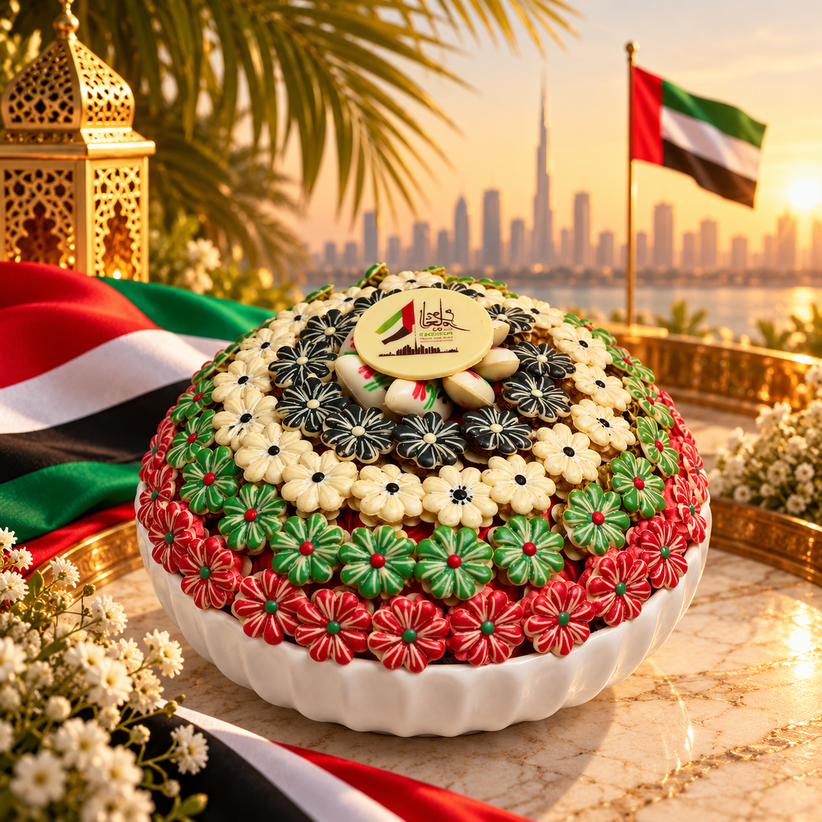 UAE Flag Day Porcelain Plate with Rose Chocolates – 900g
