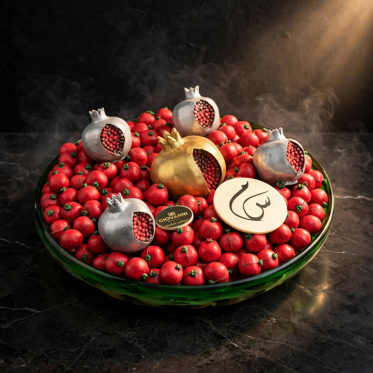 صحن زجاج VIP شوكولاتة الرمان مع خمس قطع رمان | VIP Glass Plate – Pomegranate Chocolate with Five Pomegranates