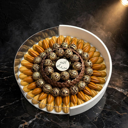 بوكس أكريليك دائري شوكولاتة نت مشكلة مع صينية كبيرة | Round Acrylic Box – Assorted Nut Chocolate with Large Tray