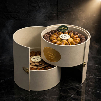 بوكس ليزر VIP طبقتين – شوكولاتة برجر وشوكولاتة سمسم دائرية | Two-Layer VIP Laser-Cut Box – Burger & Round Sesame Chocolate