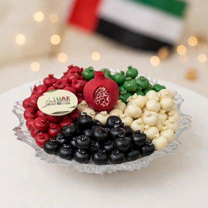 صحن كريستال مع شوكولاتة الرمان بألوان العلم | UAE Flag Pomegranate Chocolate Crystal Platter