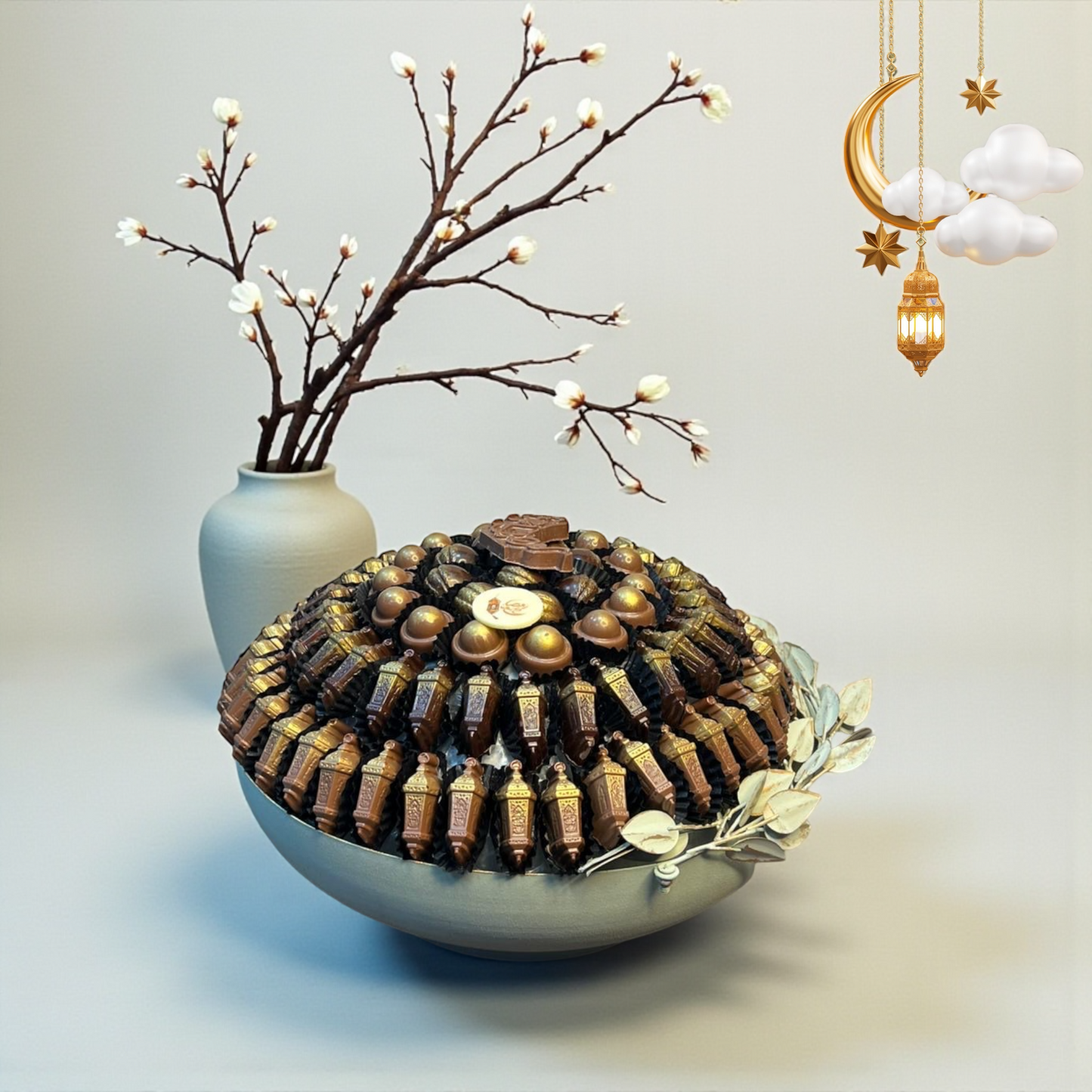 Elegant Metal Platter with Kinder Crunch, Nutella & Filled Chocolates  صحن ميتال راقي بحلاوة كيندر رهش ونوتيلا مع شوكليت محشوة