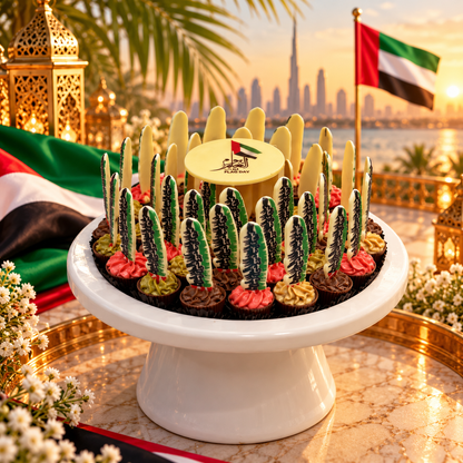 ستاند فوركس مع كوب شوكولاتة وريشة بألوان العلم الإماراتي – 800 جرام