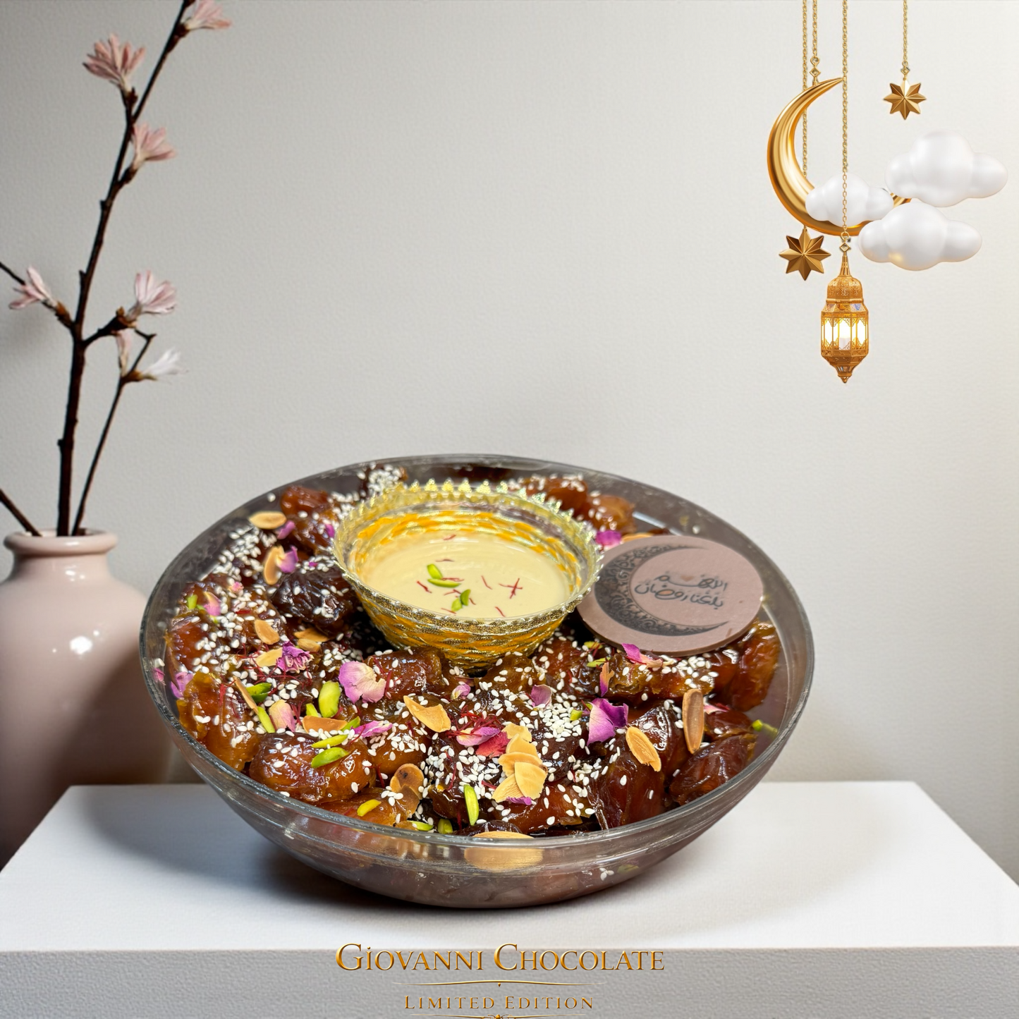 Luxury Heritage Acrylic Lantern Tray with Royal Khalas Dates & Nuts & Saffron  2.2 kgصحن فانوس أكريليك تراثي فاخر مع تمر خلاص ملكي بالمكسرات والزعفران