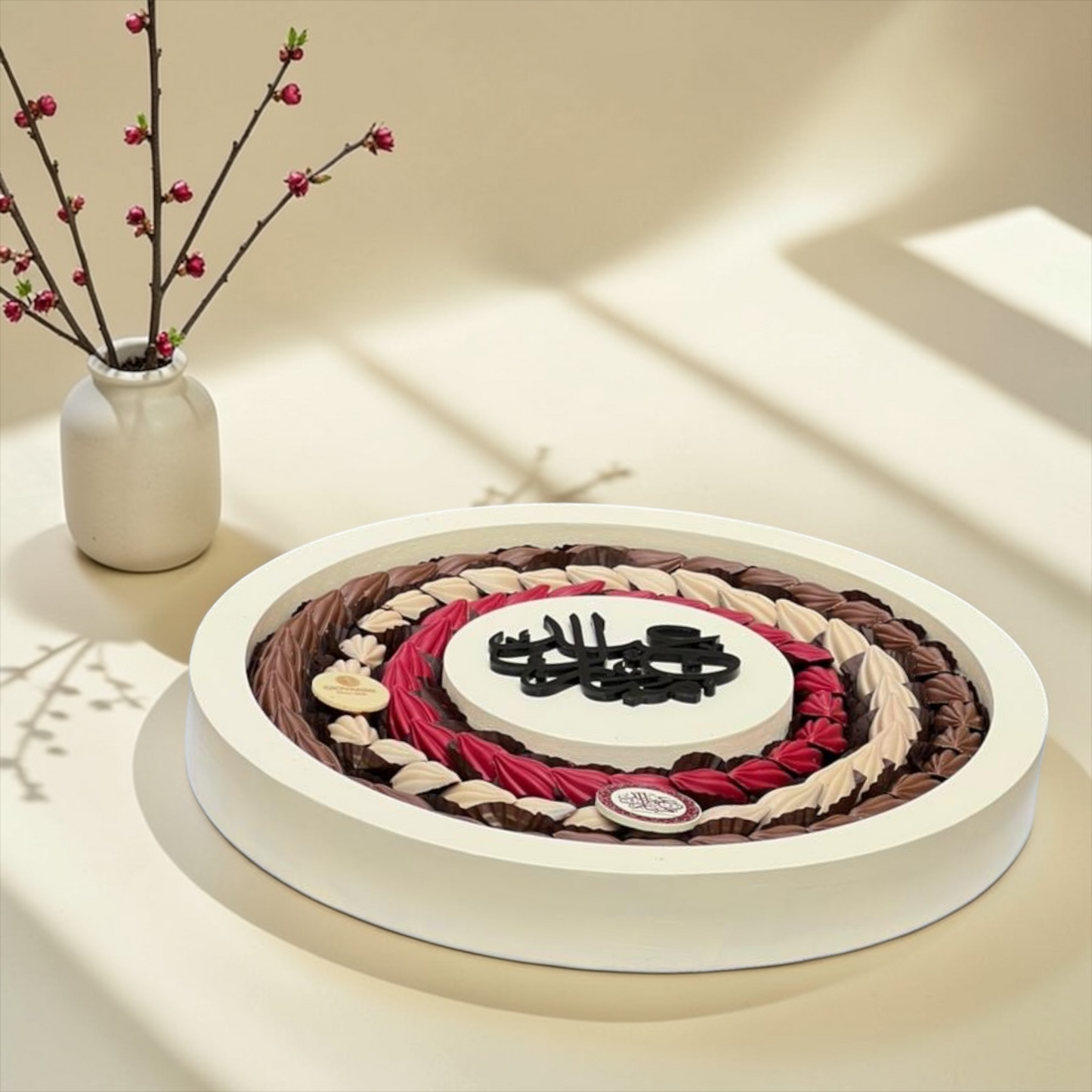 تشكيلة شوكليت فاخرة لعيد الفطر – صحن اكريليك دائري مع شوكليت حبة الكاكاو فريش بوكس مع غطاء / Luxury Eid Chocolate Gift – Giovanni Premium Selection 900g