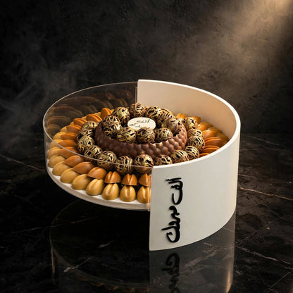 بوكس أكريليك دائري شوكولاتة نت مشكلة مع صينية كبيرة | Round Acrylic Box – Assorted Nut Chocolate with Large Tray