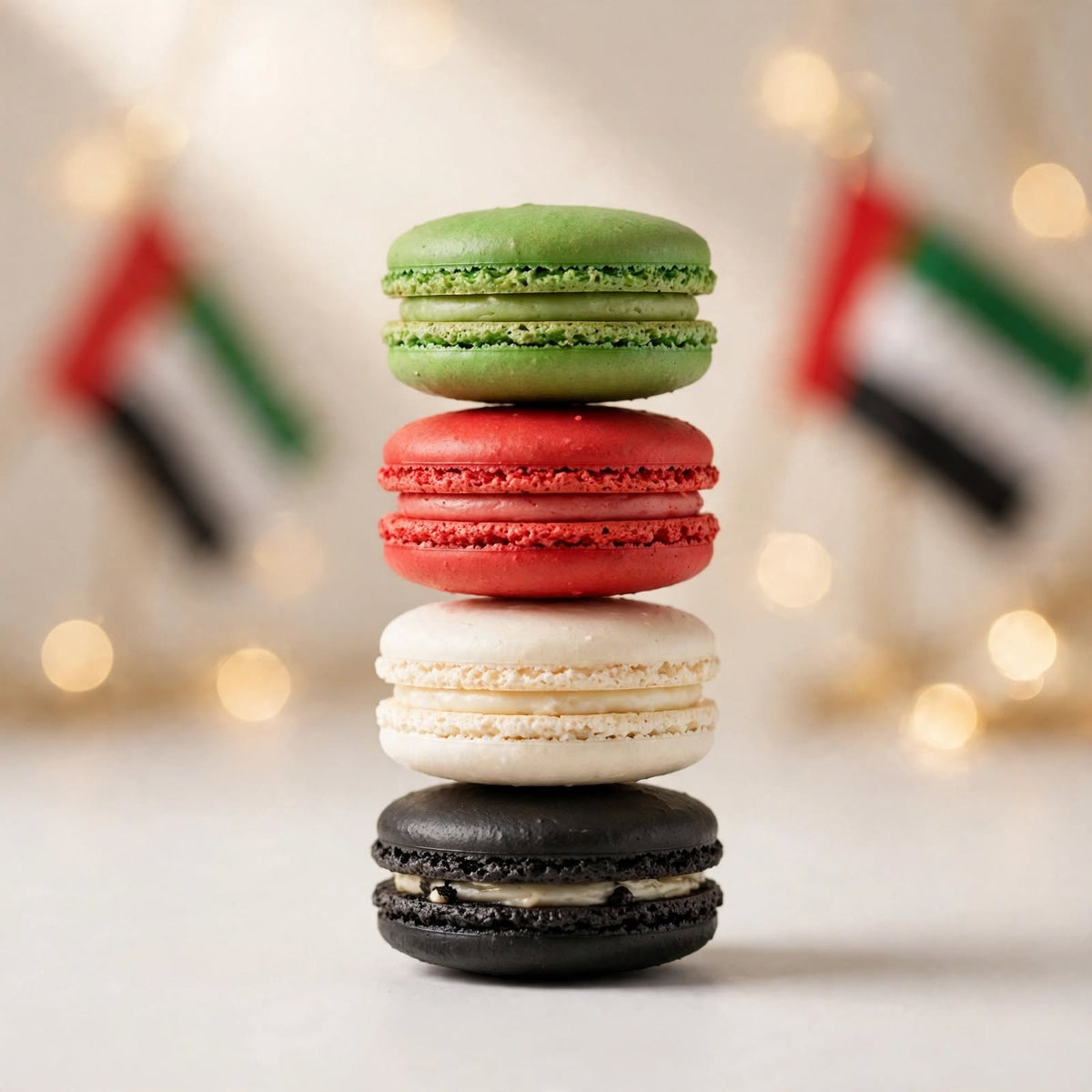 بوكس أكريليك فاخر بماكرون ألوان علم الإمارات – 4 قطع | UAE Flag Luxury Acrylic Macaron Box – 4 Pieces