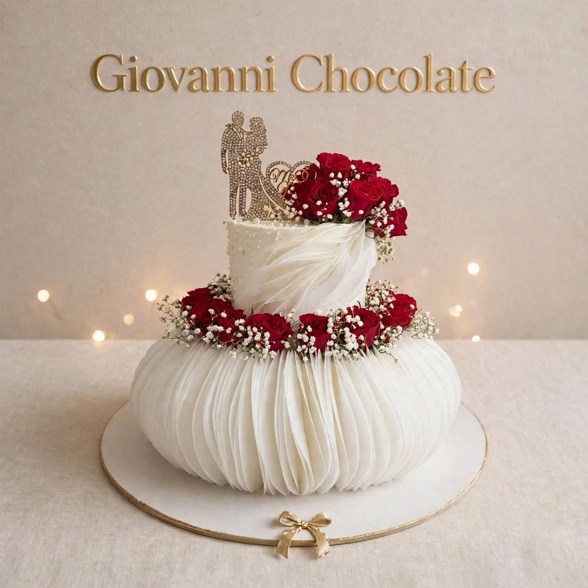 Two-tier wedding cake with red roses and couple topper | GC-41