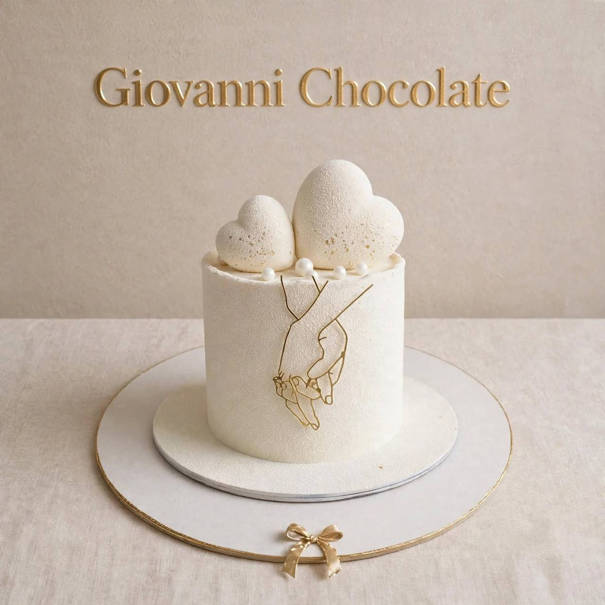 Engagement cake with white hearts and gold hand line-art | GC-43