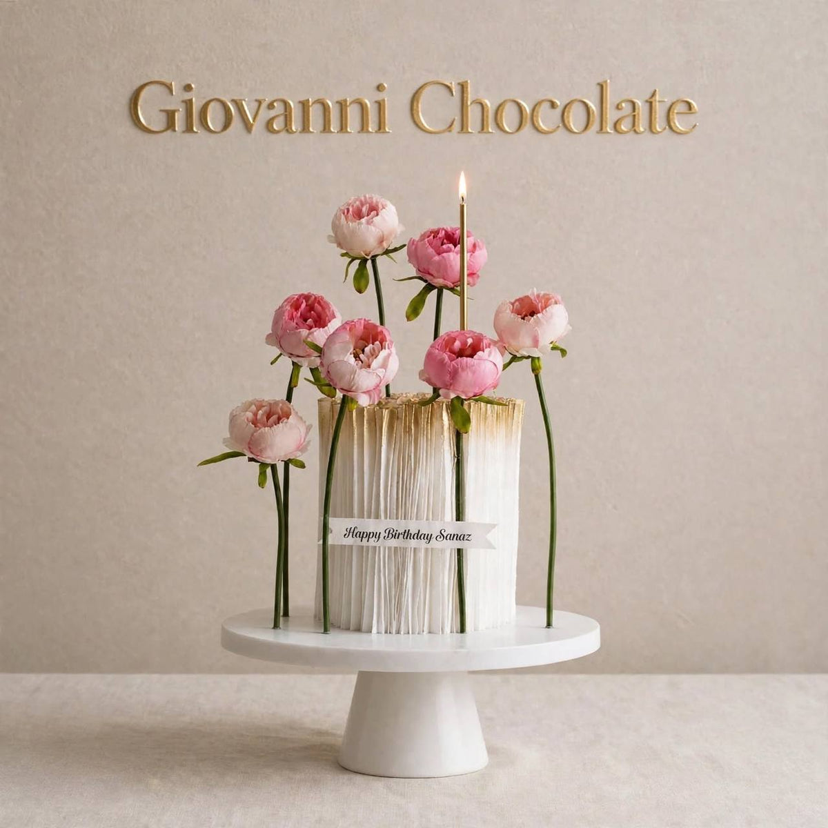 White cake with tall pink peonies | GC-53