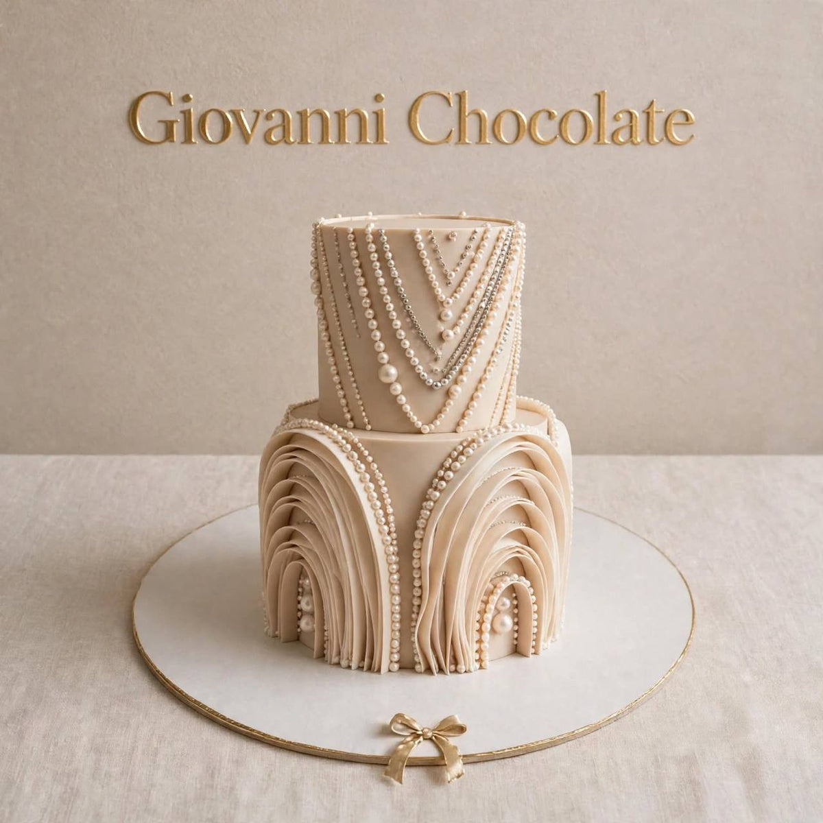 Beige wedding cake with pearl drapes | GC-64