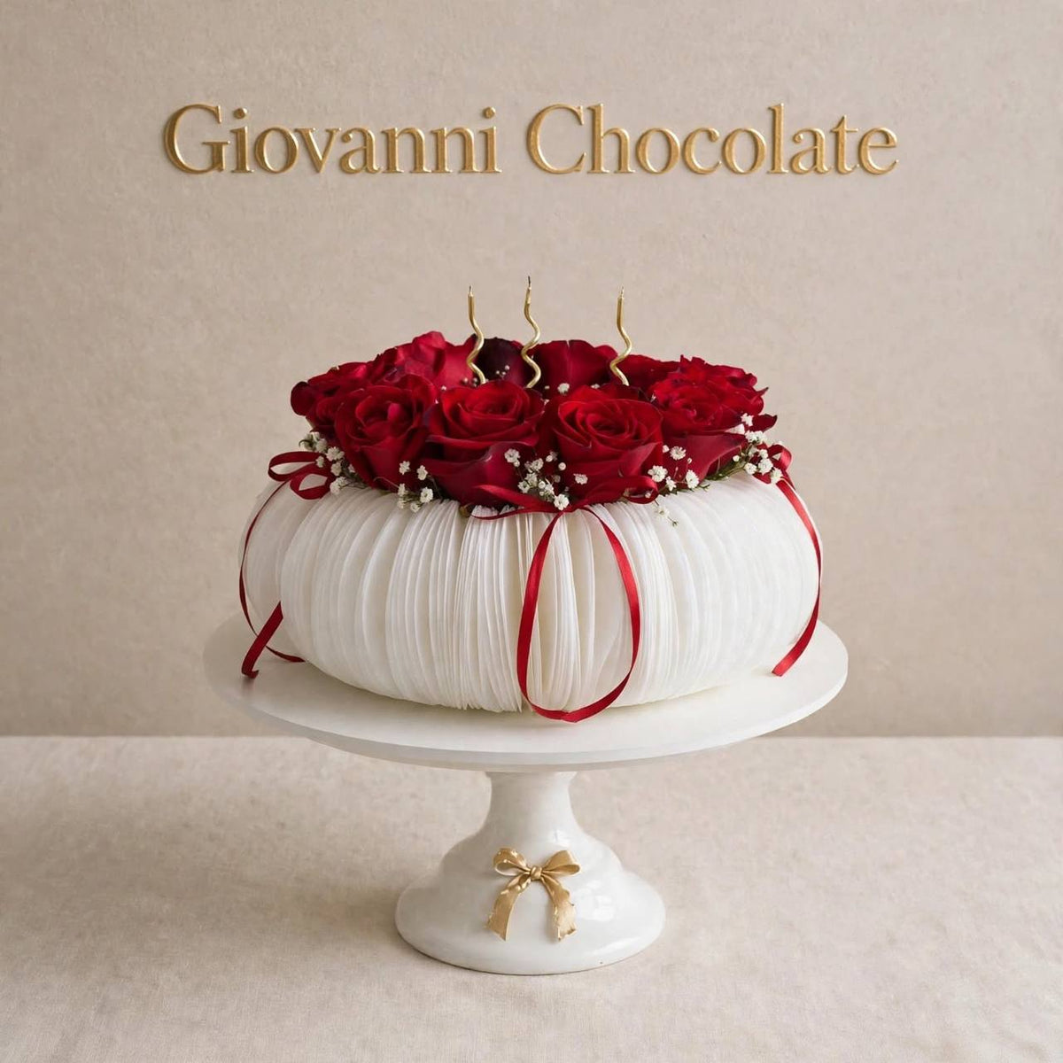 White couture cake with red roses and ribbon | GC-68