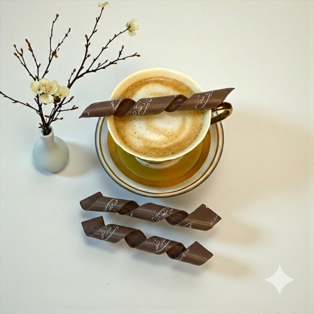 Ramadan Spiral Coffee Stick Chocolate – Mubarak Al Shahr Print  شوكليت كوفي ستيك حلزوني – طباعة مبارك الشهر (14 سم) – إصدار رمضان