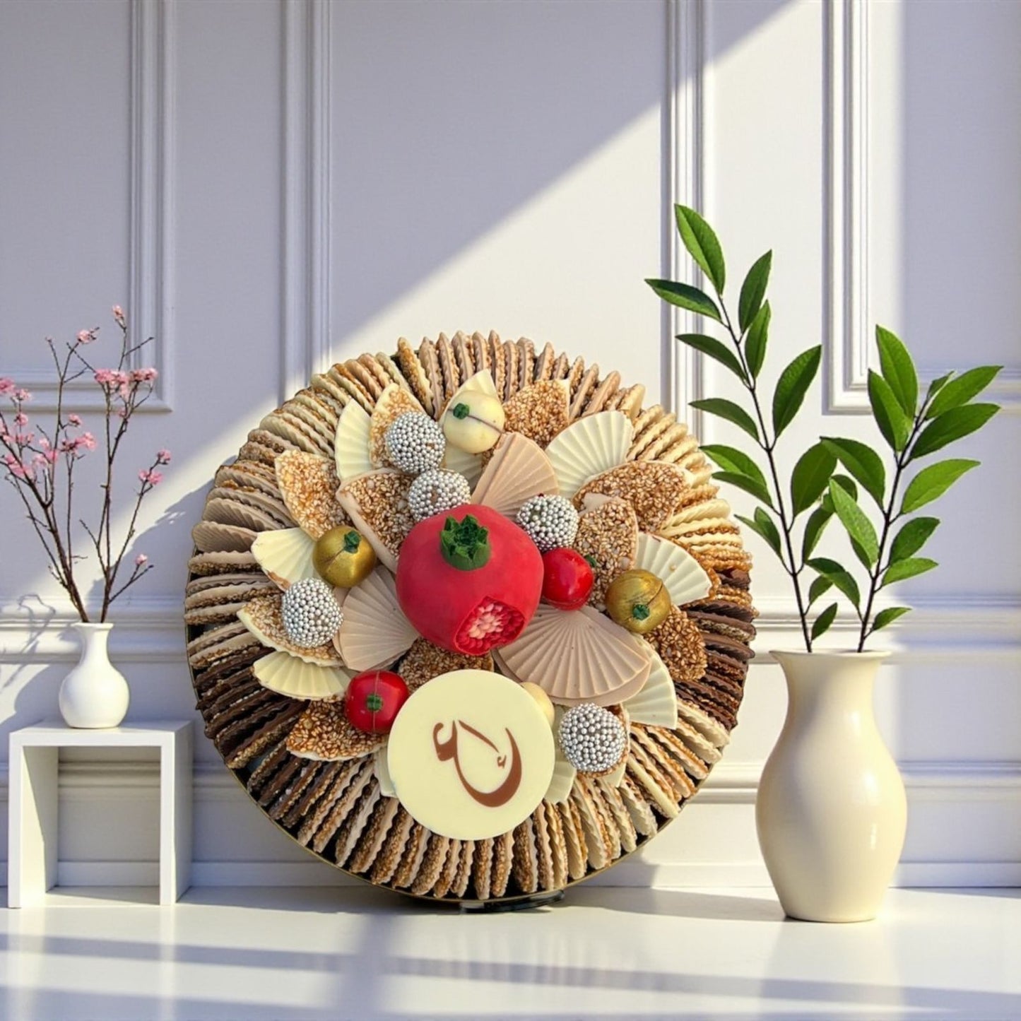 السمسم المكرمل المغطى بالشوكولاتة الذواقة صحن سمسم مكرمل مع صحن كريستال فخم