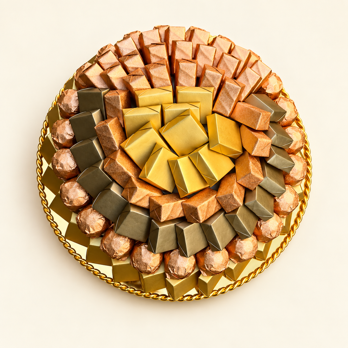 صحن ستانلس ذهبي شوكولاتة مغلّفة | Gold Stainless Steel Plate with Wrapped Chocolate